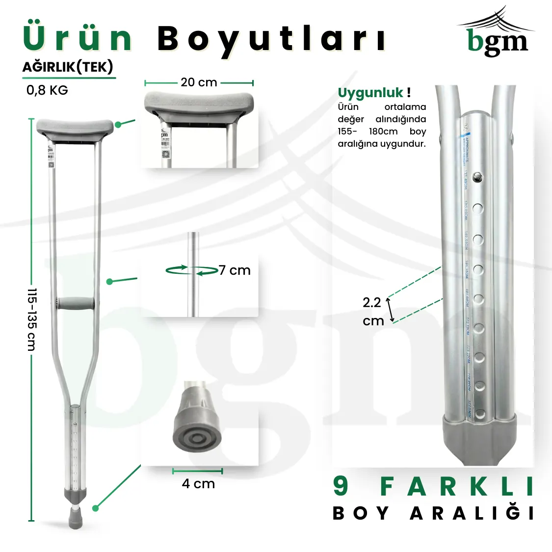 Koltuk Değneği 1 Çift Yüksek Kalite Ayarlanabilir Ortopedik Yürüme Desteği Değneği - Görsel 8