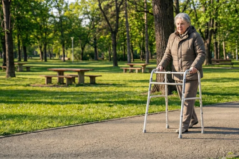 Yürüteç ile parkta yürüyen yaşlı kadın