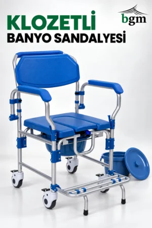 BGM Klozetli Tekerlekli Banyo Sandalyesi – Frenli, Kovalı, Katlanır Kolçaklı